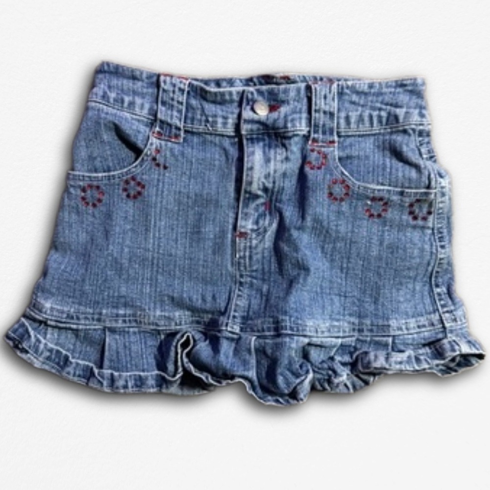 2B Real Girls Denim Ruffle Skort Blue Red‎ Rhinestone Rose Embroidered Size 5/6
